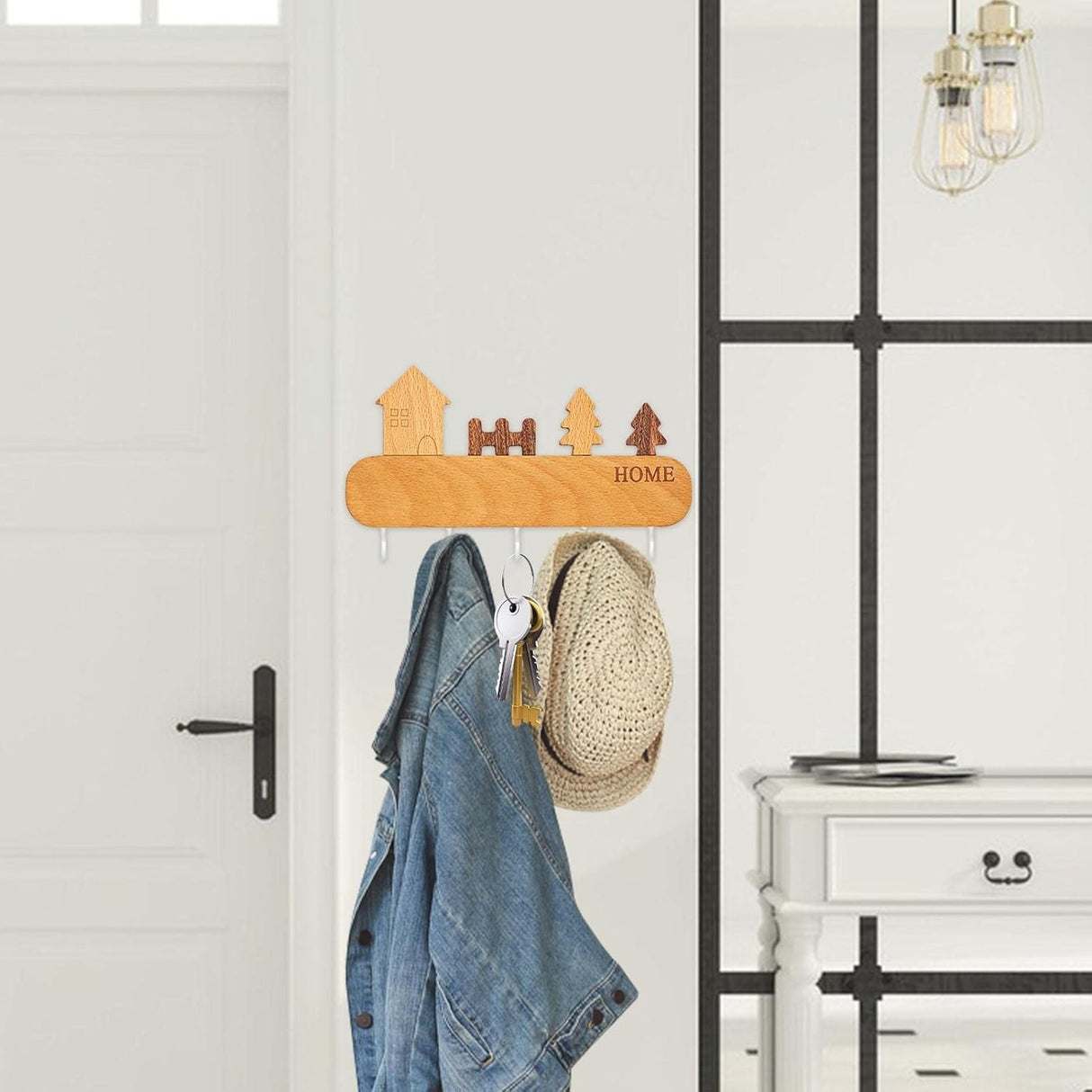 Suport pentru Chei, Vivimall, din Lemn, Aplicare fara Perforare, Adeziv Inclus, 5 Carlige Albe, Model Casuta, Greutate Suportata 5 kg, 13.5 x 23 cm, Maro - vivimall.ro