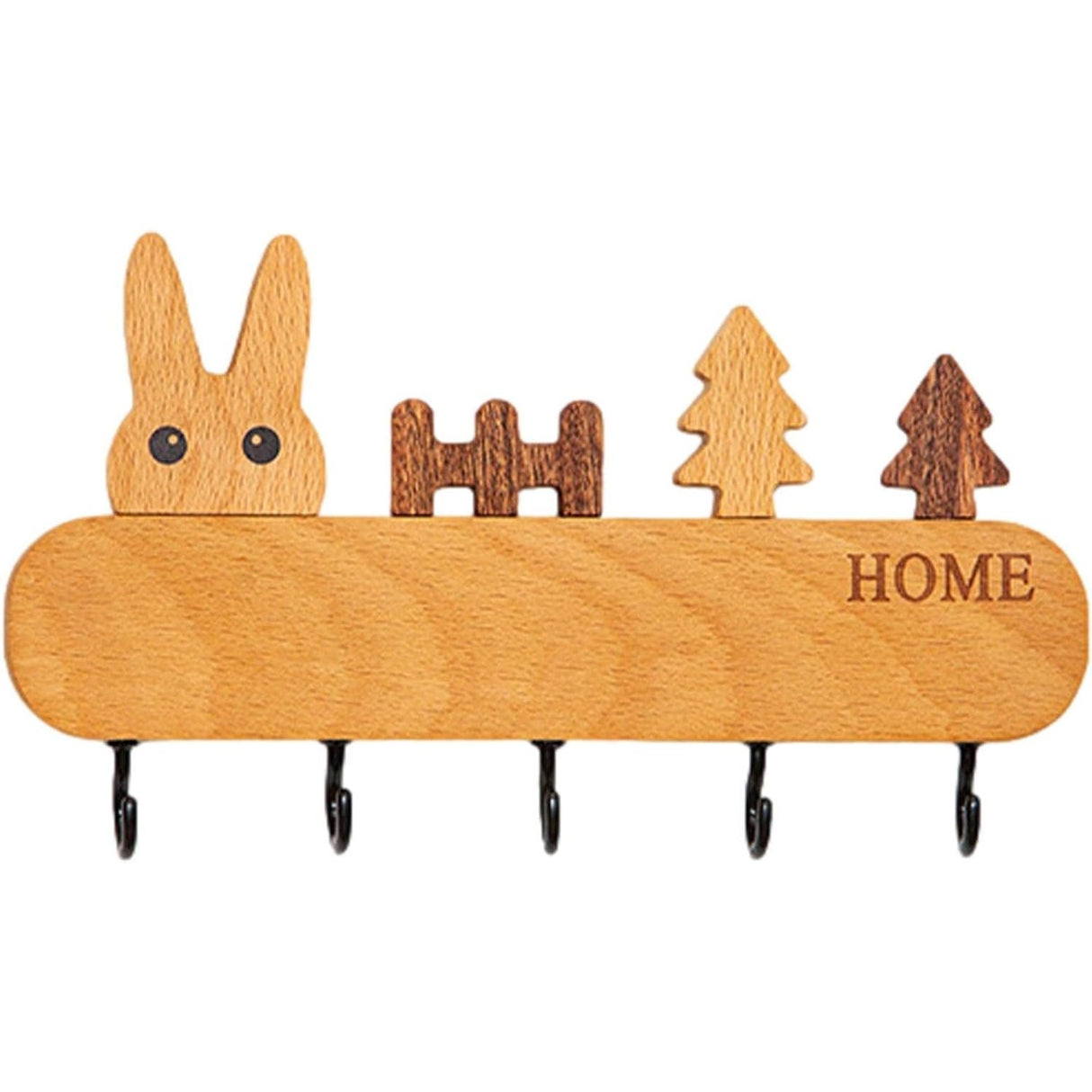 Suport pentru Chei, Vivimall, din Lemn, Aplicare fara Perforare, Adeziv Inclus, 5 Carlige Negre, Model Iepure, Greutate Suportata 5 kg, 13.5 x 22 cm, Maro - vivimall.ro