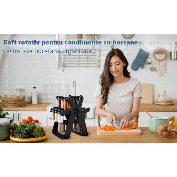 Suport Pentru Condimente Rotativ, Multifunctional, Pivotant 360A°, Portabil, Usor De Montat, 34X23 Cm, Abs/Sticla, Negru - vivimall.ro