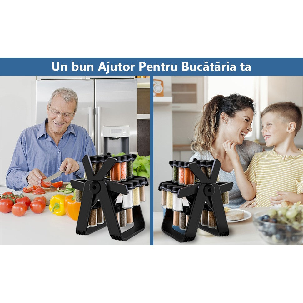 Suport Pentru Condimente Rotativ, Multifunctional, Pivotant 360A°, Portabil, Usor De Montat, 34X23 Cm, Abs/Sticla, Negru - vivimall.ro