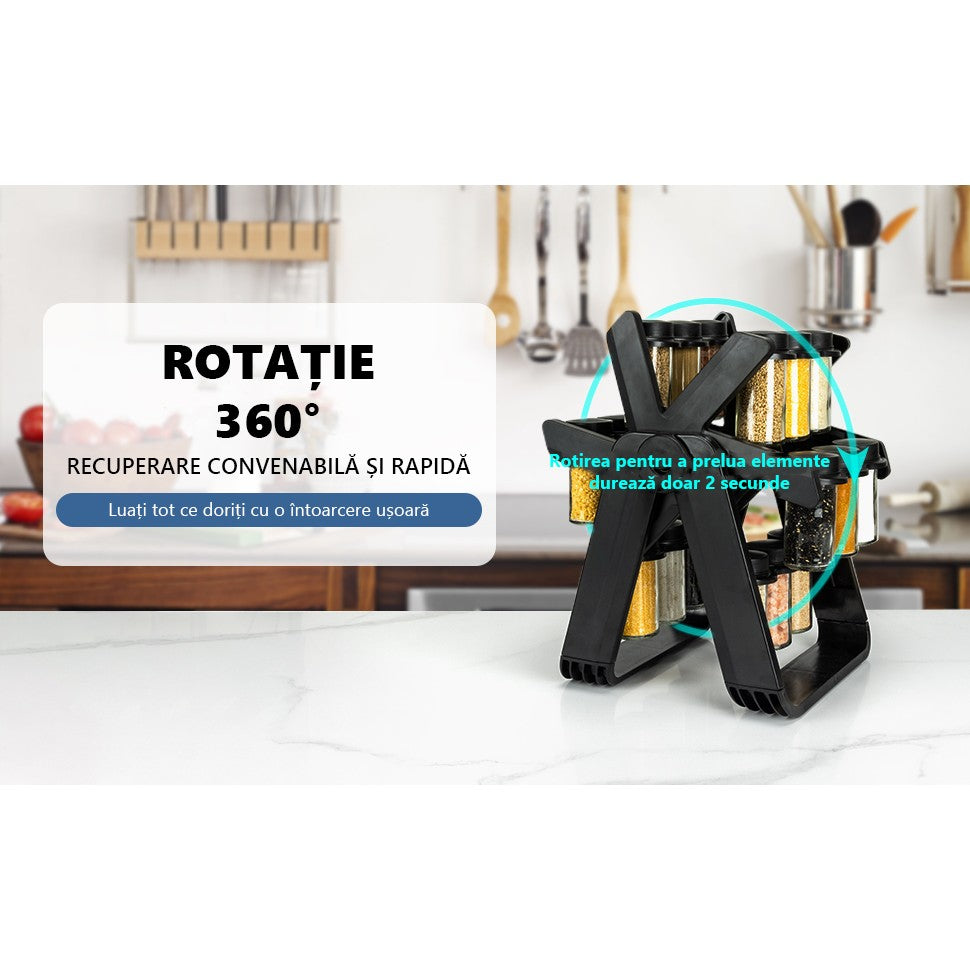 Suport Pentru Condimente Rotativ, Multifunctional, Pivotant 360A°, Portabil, Usor De Montat, 34X23 Cm, Abs/Sticla, Negru - vivimall.ro