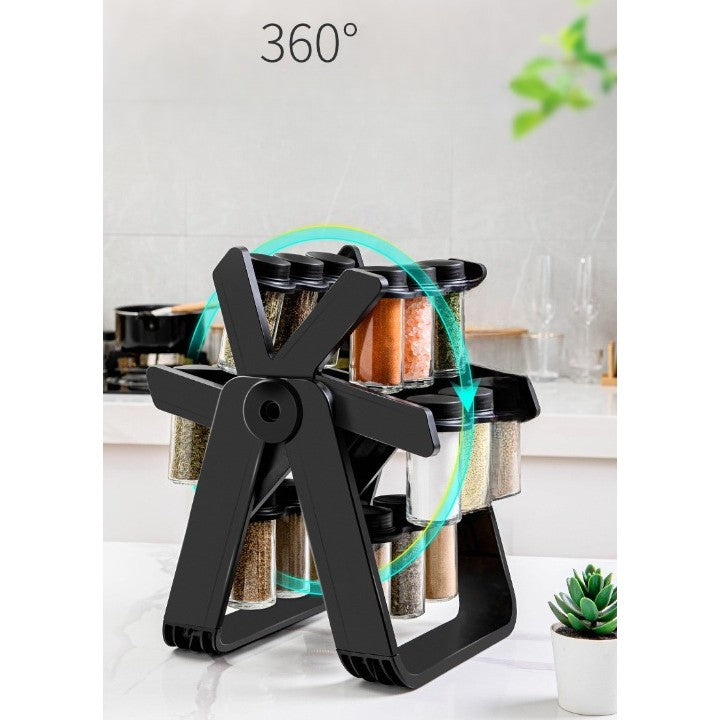 Suport Pentru Condimente Rotativ, Multifunctional, Pivotant 360A°, Portabil, Usor De Montat, 34X23 Cm, Abs/Sticla, Negru - vivimall.ro
