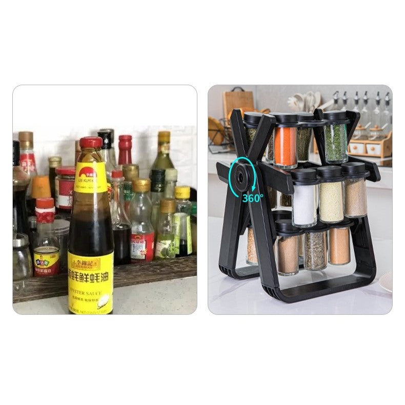 Suport Pentru Condimente Rotativ, Multifunctional, Pivotant 360A°, Portabil, Usor De Montat, 34X23 Cm, Abs/Sticla, Negru - vivimall.ro