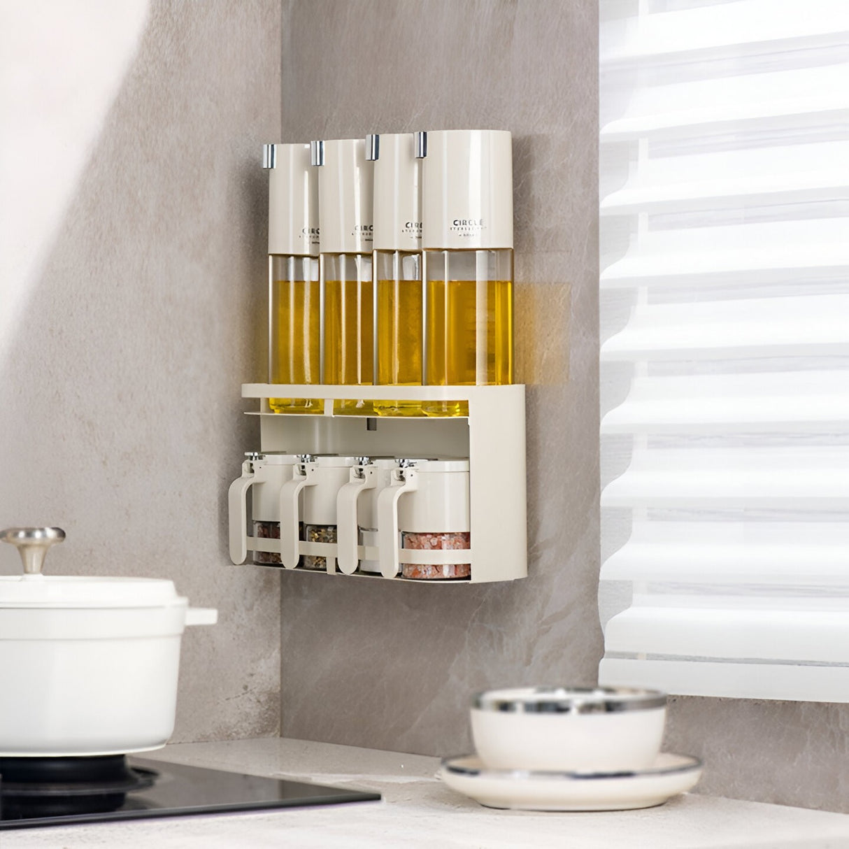 Suport pentru Depozitare Condimente, Ulei, Otet, Vivimall, Montare pe Perete din 9 Piese, Uz Casnic, pentru Bucatarie, 31x13.5x36.8cm, Alb - vivimall.ro