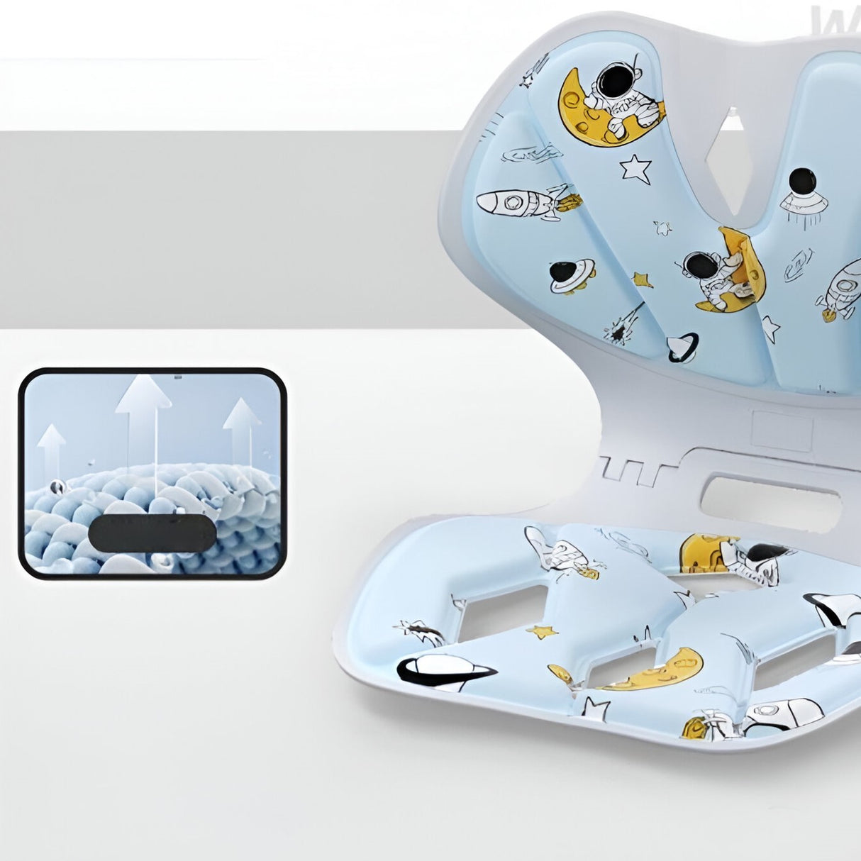 Suport pentru Scaun, Vivimall, pentru Corectarea Posturii, Portabil, Pliabil, Ergonomic, Ameliorare Durere, Respirabil, 35x32x30 cm, Marime L, Model Rachete, Albastru - vivimall.ro