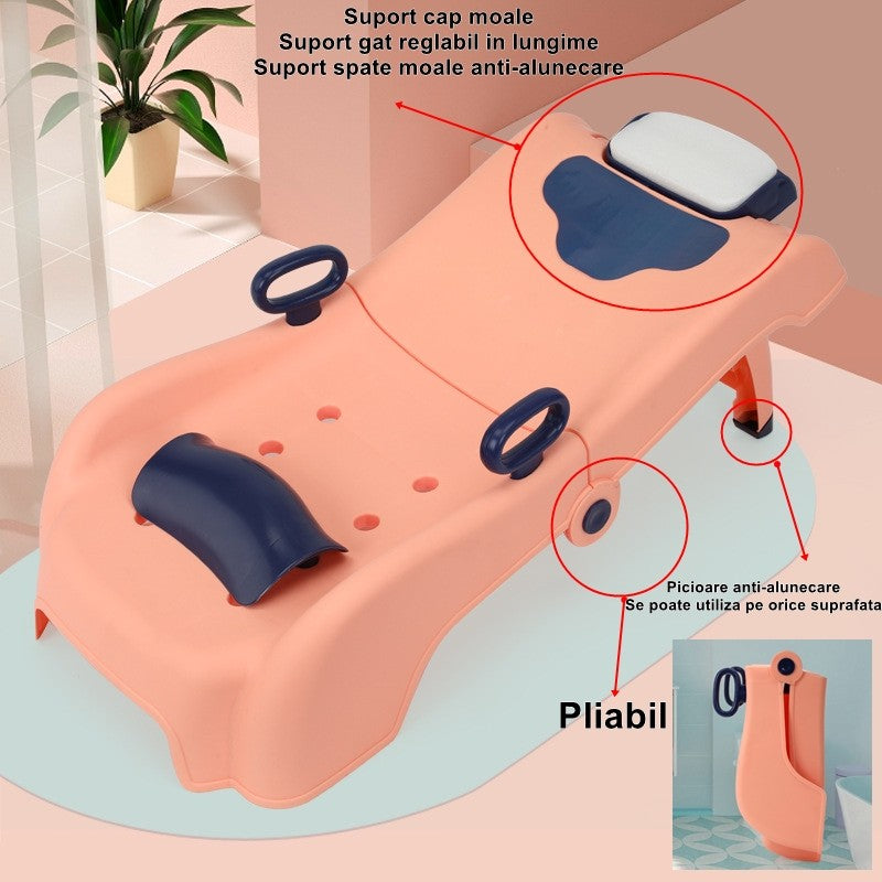 Suport Pliabil pentru Spalat Parul Vivimall, Pentru Copii, 0 - 16 ani, cu Picioare Antialunecare, Material Polipropilena, Suport Cap Reglabil, cu Manere, 82 x 40 x 28 cm, Roz pal - vivimall.ro