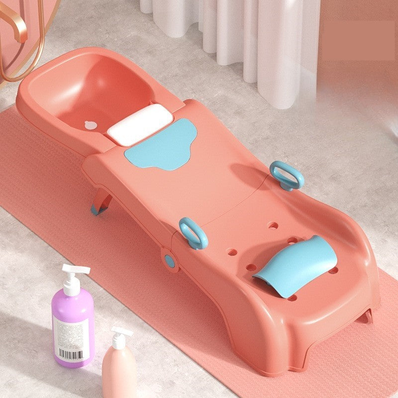 Suport Pliabil pentru Spalat Parul Vivimall, Pentru Copii, cu Scurgere, cu Picioare Antialunecare, Material Polipropilena, Suport Cap Reglabil, cu Manere, 110 x 35 x 21 cm, Roz - vivimall.ro