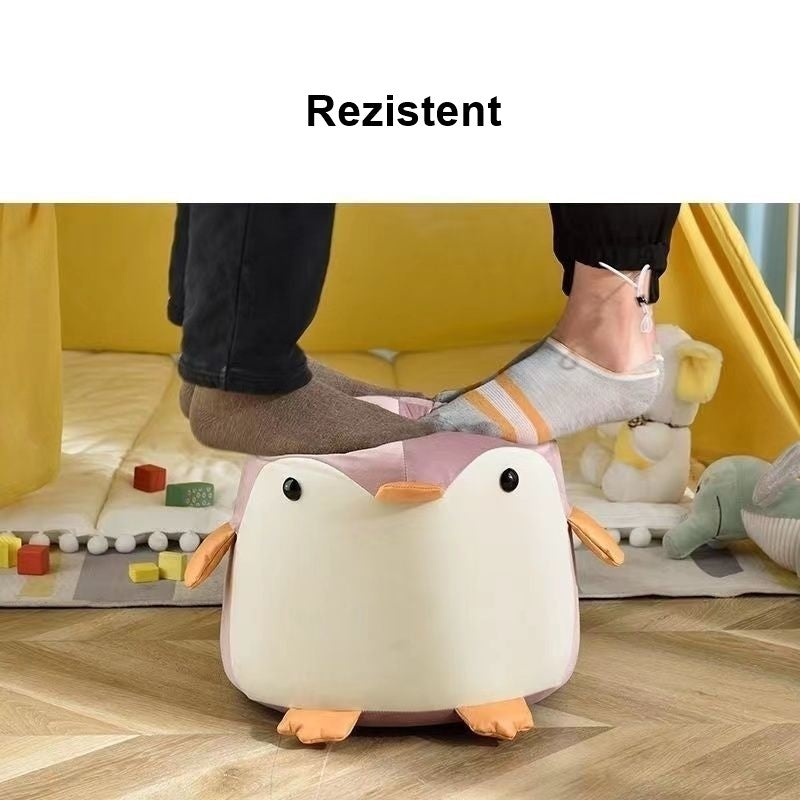 Taburet Pentru Copii, Vivimall, Cadru din Lemn Masiv, 25 x 29 x 29 cm, Perna de Burete Elastica si Maner de Transport, in Forma de Pinguin, Roz - vivimall.ro