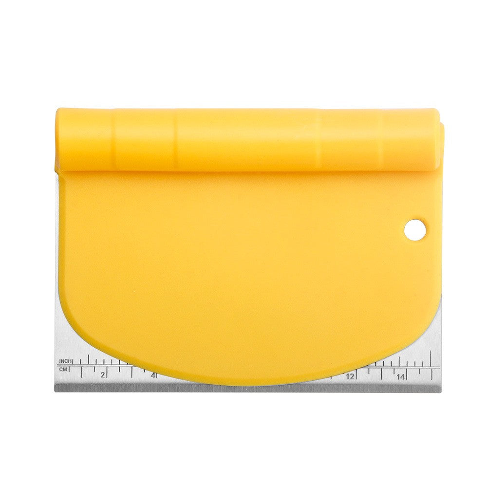 Taietor aluat 15 x 10.5 cm Vivimall, 2 in 1, lama otel inoxidabil, maner din ABS, gradat, paleta plastic, galben - vivimall.ro