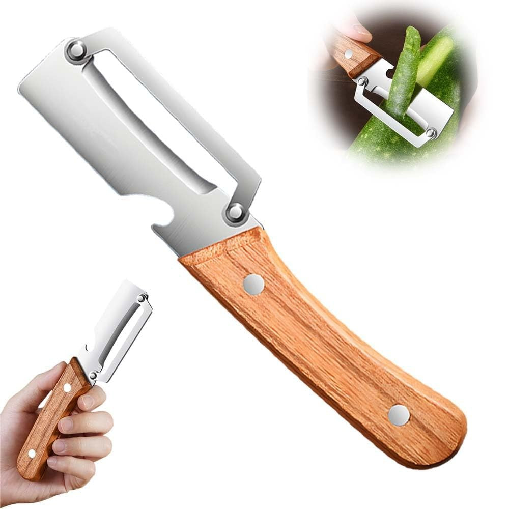 Curatator de Fructe/Legume, Flippy, 2in1, Desfacator de Sticle, Multifunctional, Maner de Lemn, Maro
