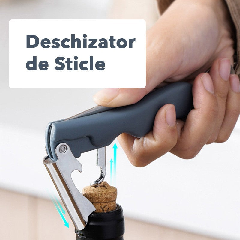 Tirbuson de Sticle 4 in 1, Vivimall, Desfacator de Sticle Multifunctional, din Inox cu Maner Anti Alunecare, 13.5 x 4 cm Albastru - vivimall.ro