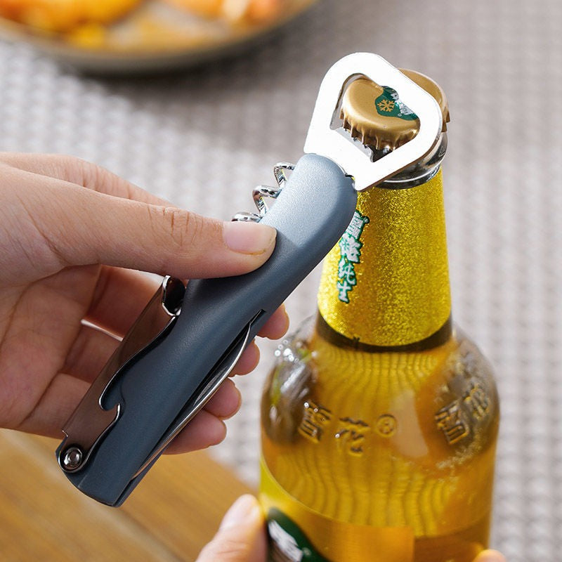 Tirbuson de Sticle 4 in 1, Vivimall, Desfacator de Sticle Multifunctional, din Inox cu Maner Anti Alunecare, 13.5 x 4 cm Albastru - vivimall.ro