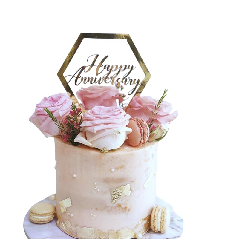 Decoratiune Topper pentru Tort, Vivimall, Model Hexagon Scris Happy Birthday, Tematica Aniversare, Auriu - vivimall.ro