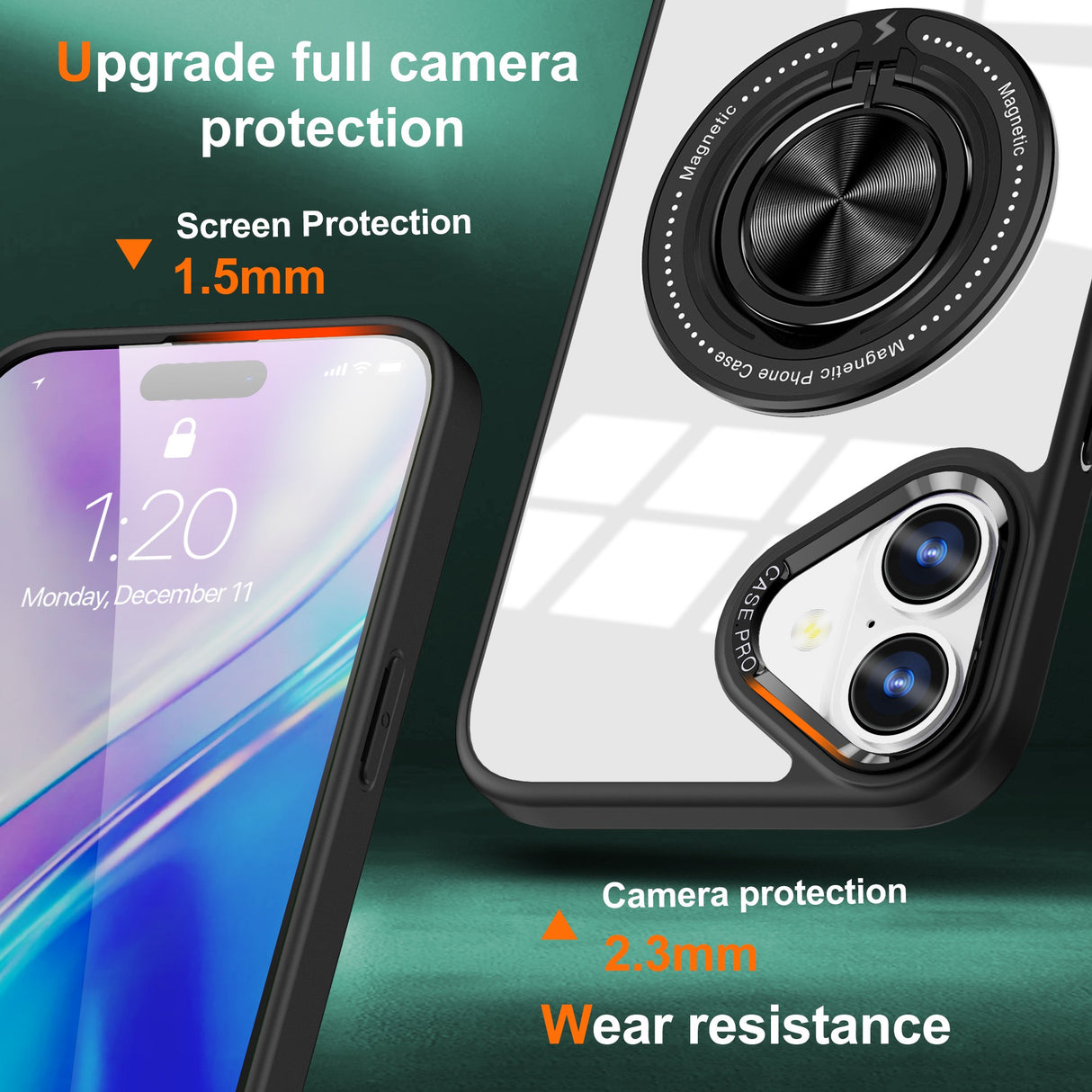 Husă iPhone 16 Plus MagSafe cu inel rotativ 360°, detaliu inel magnetic negru pe spate