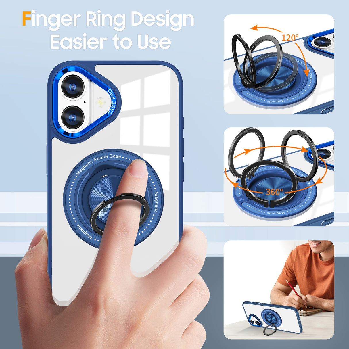 Husă iPhone 16 cu inel magnetic rotativ în funcție de suport vertical, detaliu colț întărit