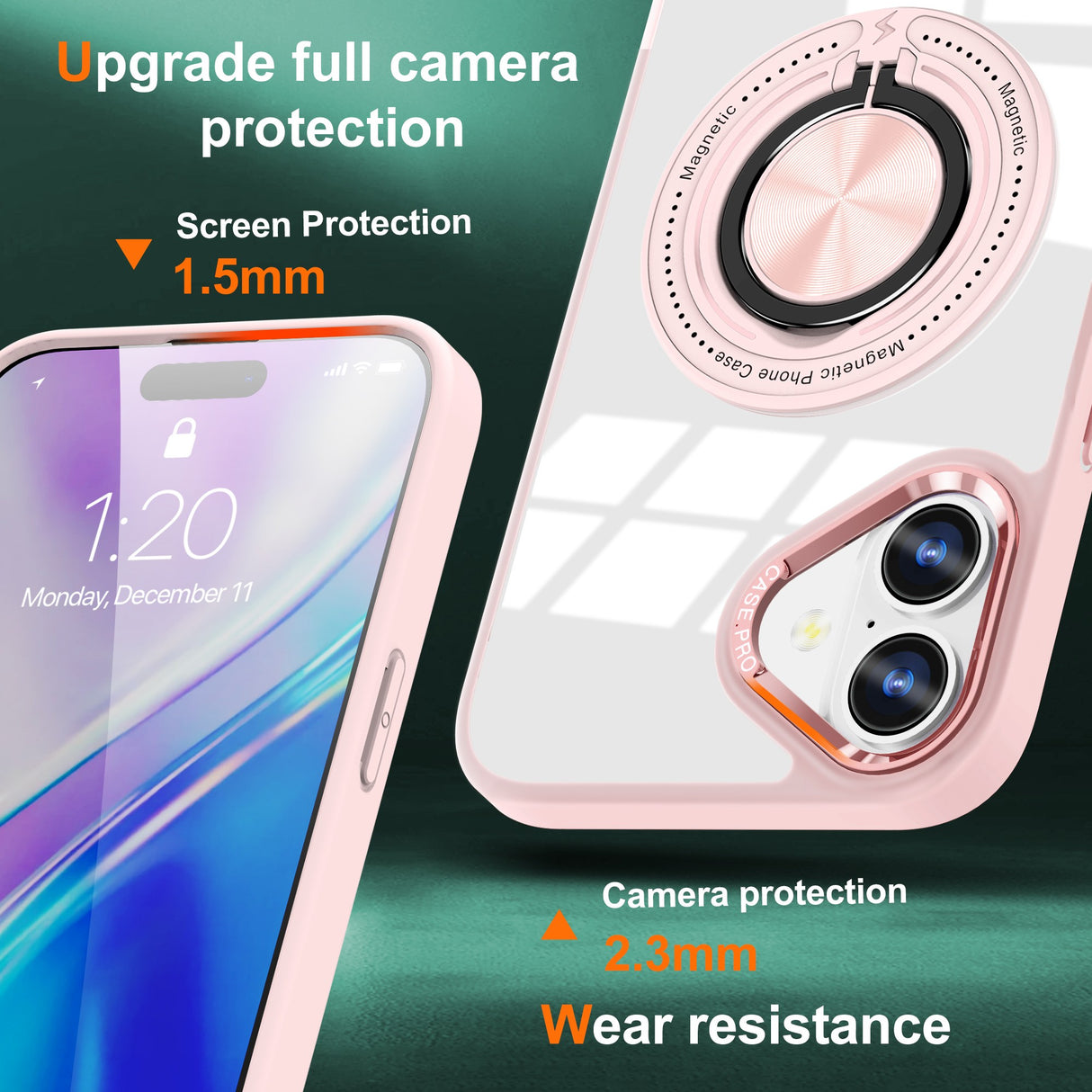 Detaliu inel magnetic rotativ 360° al husei iPhone 16 MagSafe, culoare transparent-roz