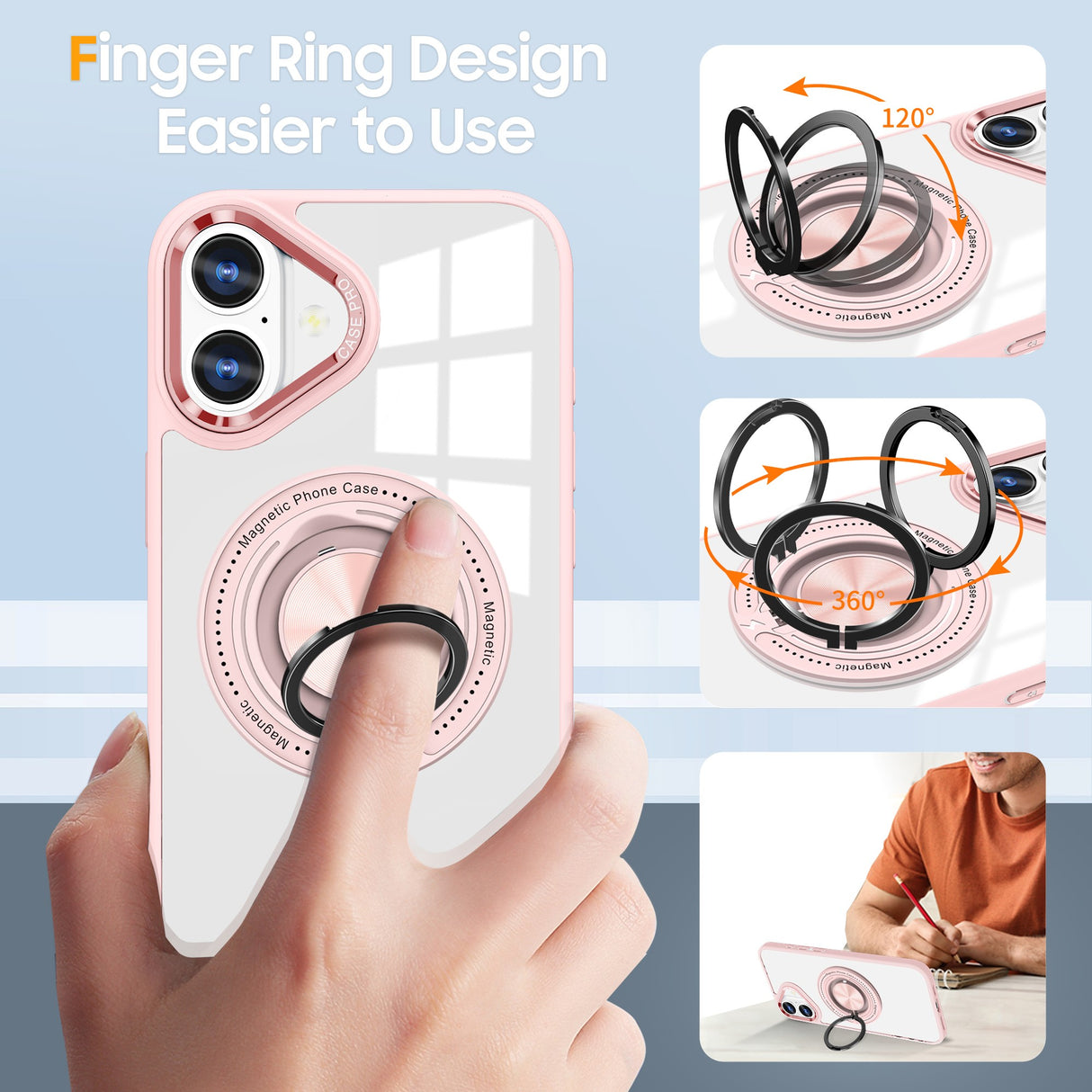 Husă transparentă-roz iPhone 16 montată pe telefon, design minimalist cu inel roz