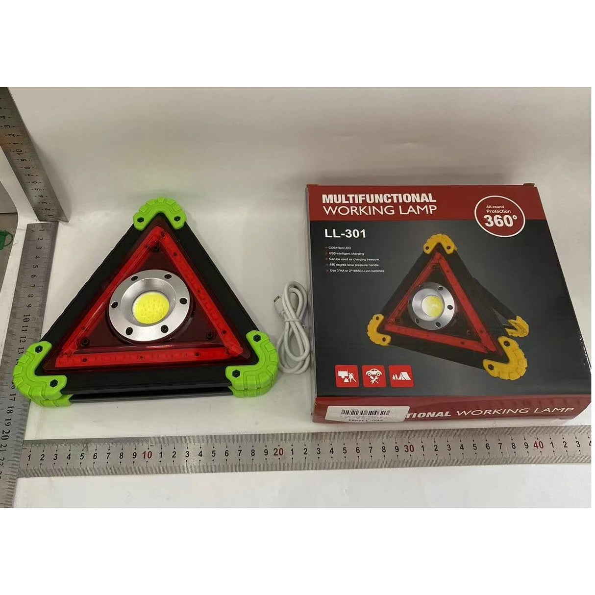 Multifunkciós Elakadásjelző Háromszög, LED Zseblámpa, Vízálló IP65, 800 Lm, 2 X AA, Telefontöltési Funkció, USB és Micro USB, Cob 33