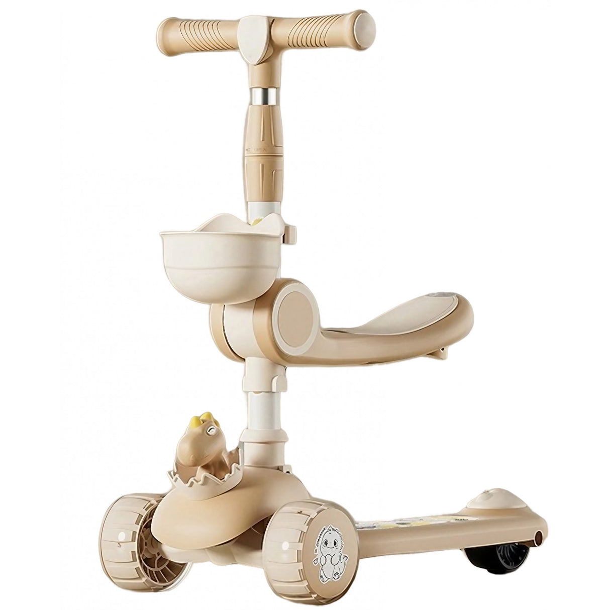 Trotineta Multifunctionala 3 in 1, Vivimall, pentru Copii, 1-7 Ani, cu Lumini si Muzica, Reglabil 360, Pliere Usoara, Reglarea Inaltimii, Model Dinozaur, 67-76 x 24 x 55 cm, Alb/Bej - vivimall.ro