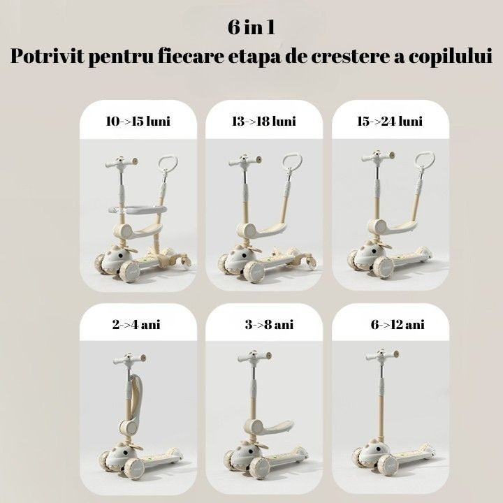 Trotineta Multifunctionala 6 in 1, Vivimall, Pentru Copii De La 10 Luni Pana La 12 Ani, Cu Maner De Impingere, Reglabil 360, Pliere Usoara, Reglarea Inaltimii, Model Dinozaur, Alb/Bej, Resigilat - vivimall.ro