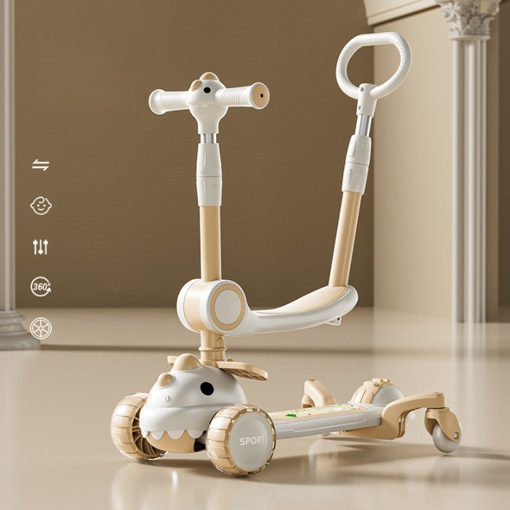 Trotineta Multifunctionala 6 in 1, Vivimall, Pentru Copii De La 10 Luni Pana La 12 Ani, Cu Maner De Impingere, Reglabil 360, Pliere Usoara, Reglarea Inaltimii, Model Dinozaur, Alb/Bej, Resigilat - vivimall.ro