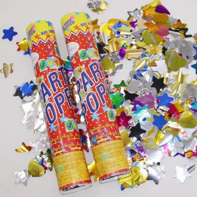 Tun de Confetti, Vivimall, Party Popper 40 cm, Model Stelute, Inimioare, Paiete Lucioase, 3 cm Diametru, Multicolor - vivimall.ro