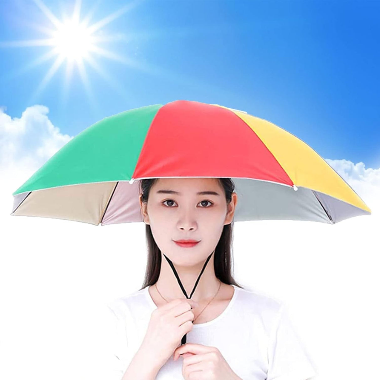 Umbrela de Cap, Vivimall, Diametru 69 cm, Snur Reglabil de Cap, Protectie UV/Ploaie, Curcubeu - vivimall.ro