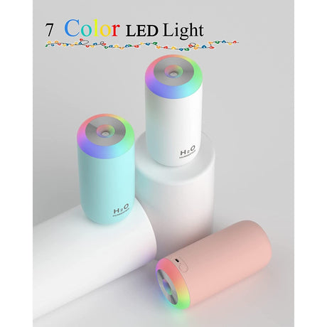 Umidificator, H2O, cu Difuzor de Aroma, Lumina de Noapte LED in 7 Culori, Zgomot Redus, 14.7x7.2cm, 350mL, Culoare Roz
