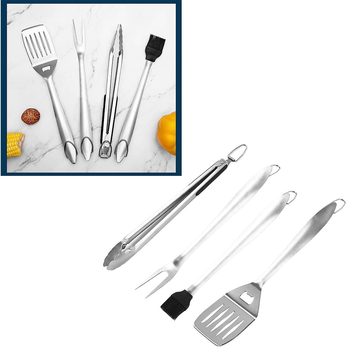 Set 4 ustensile pentru gratar Vivimall, din otel inoxidabil, cu agatatoare, rezistente la temperaturi ridicate, argintiu - vivimall.ro