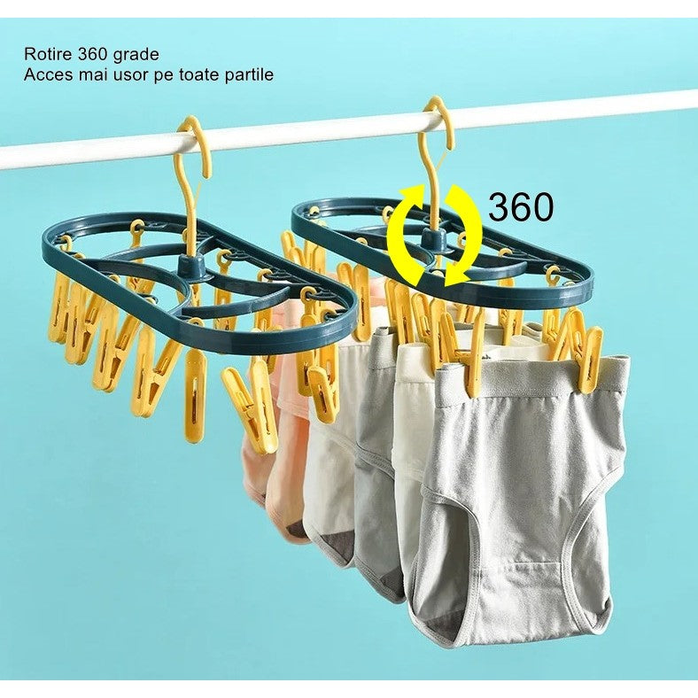 Uscator de Rufe Suspendat Vivimall, cu 12 Carlige, Rotire 360 Grade, Protectie Vant, Mateiral Plastic, Usor de Depozitat, Multifunctional, 30 x 12.5 cm, Albastru/Galben - vivimall.ro