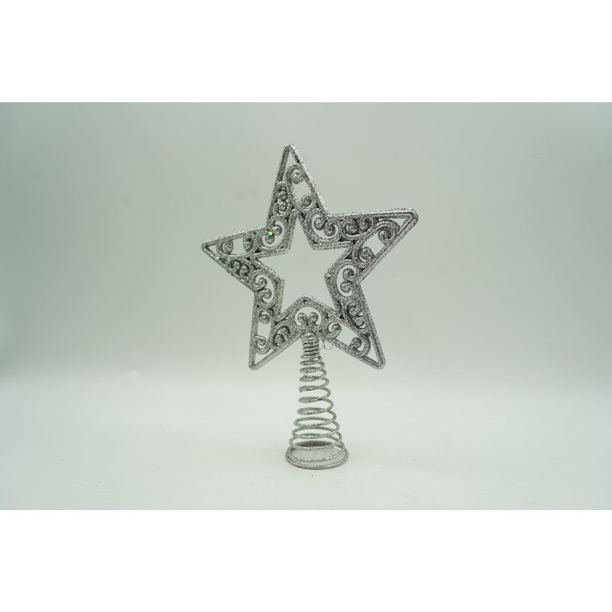 Varf decorativ de brad, Argintiu, in forma de Stea, decupata in centru, din Plastic/Metal, 14 cm x 19 cm, Interior/Exterior, Vivimall - vivimall.ro