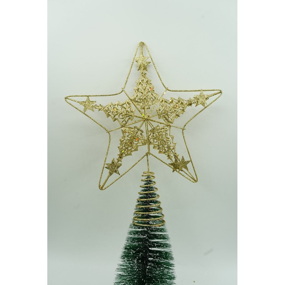 Varf decorativ de brad, Auriu, in forma de Stea, design de braduti, din Plastic/Metal, 24 cm x 27 cm, Interior/Exterior, Vivimall - vivimall.ro