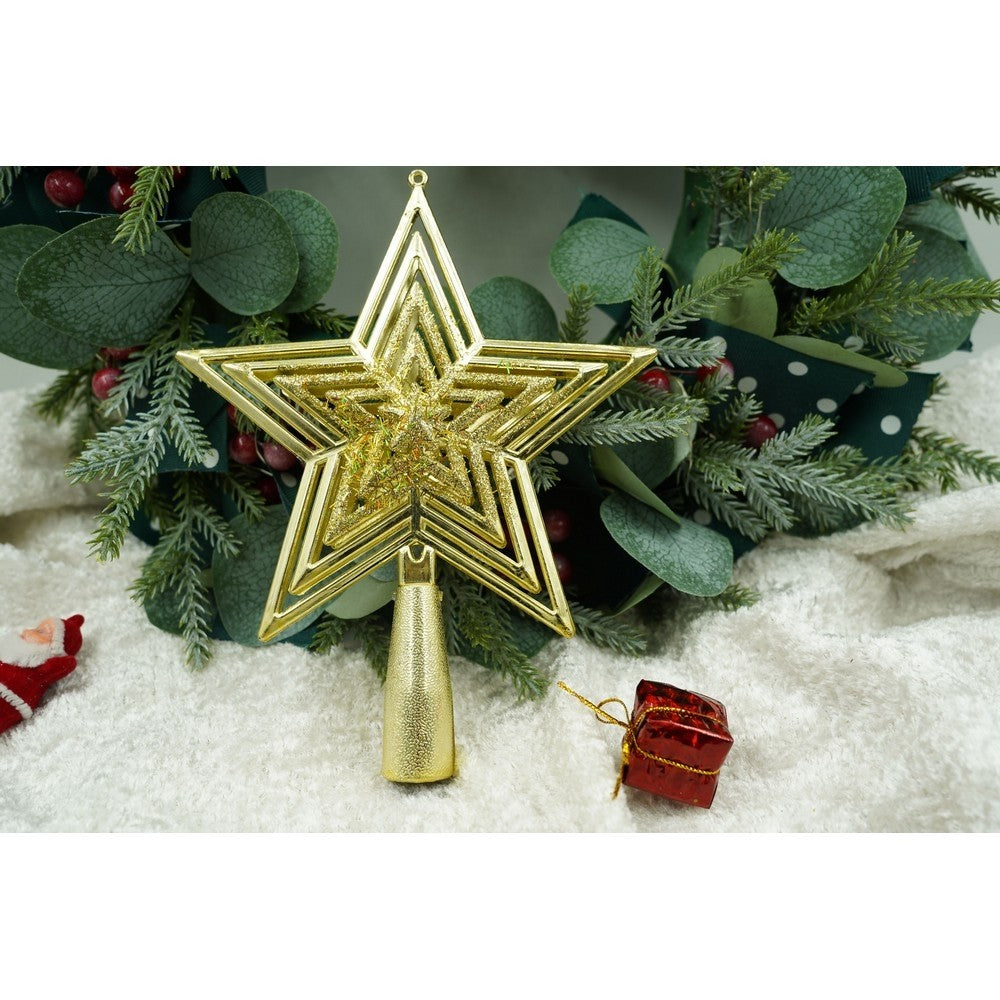 Varf decorativ de brad, Auriu, in forma de Stea, design de stele, din Plastic, 15 cm x 18 cm, Interior/Exterior, Vivimall - vivimall.ro