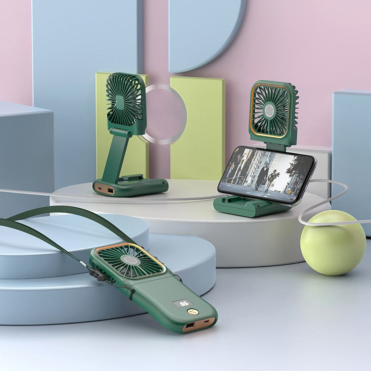 Ventilator Portabil Vivimall, 3 in 1, de Mana, de Gat, de Birou, 16.7 x 8 x 1.9 cm, 3 Trepte de Viteza, Incarcare USB, Pliabil, Afisaj Digital, Suport Telefon, Verde - vivimall.ro
