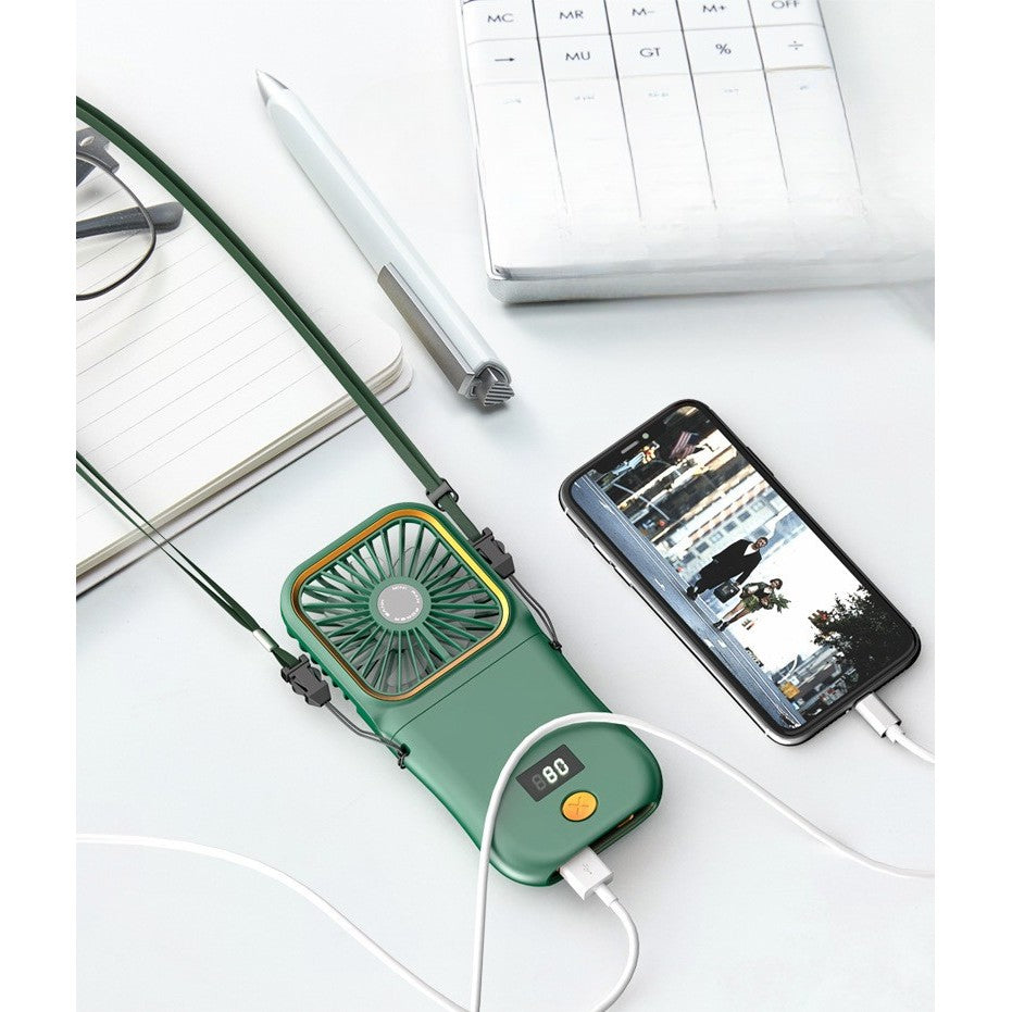 Ventilator Portabil Vivimall, 3 in 1, de Mana, de Gat, de Birou, 16.7 x 8 x 1.9 cm, 3 Trepte de Viteza, Incarcare USB, Pliabil, Afisaj Digital, Suport Telefon, Verde - vivimall.ro