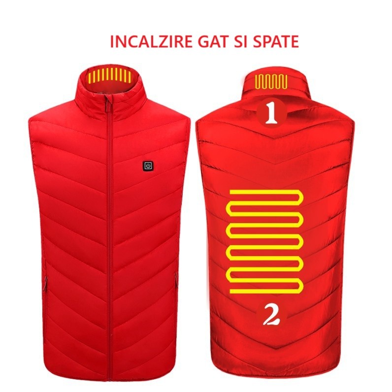 Vesta cu Incalzire, Flippy, Unisex, 2 Zone de Incalzire, Umplutura Bumbac, 3 Trepte de Temperatura, Incarcare USB, Rosu, 45 - 58 kg, Marime L - vivimall.ro