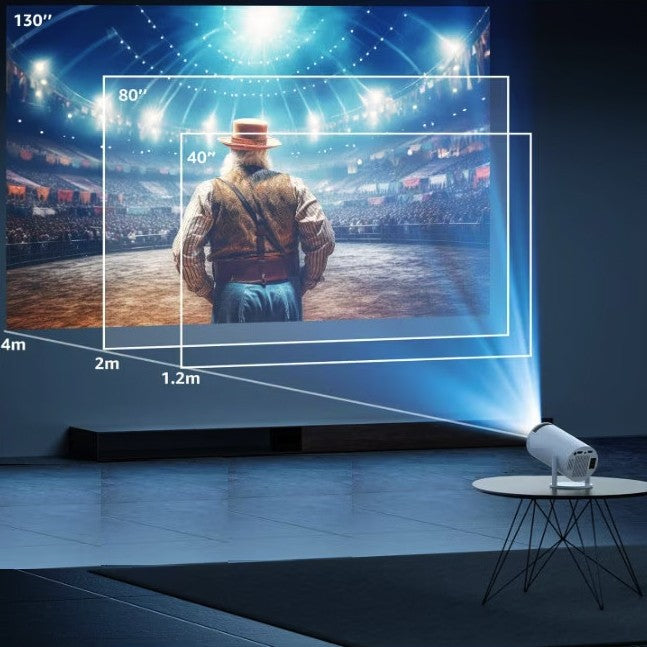 Video proiector HY300PRO în funcțiune, imagine proiectată Full HD pe perete