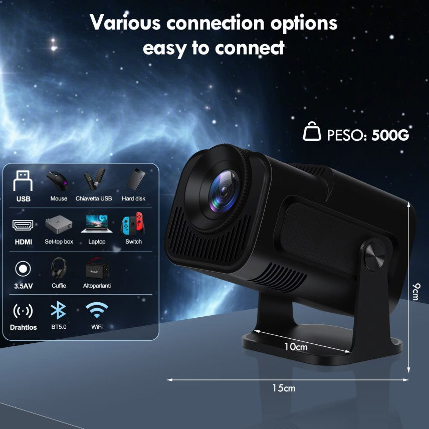 HY320 Mini videoproiector portabil în utilizare gaming, compatibil Android iOS Windows