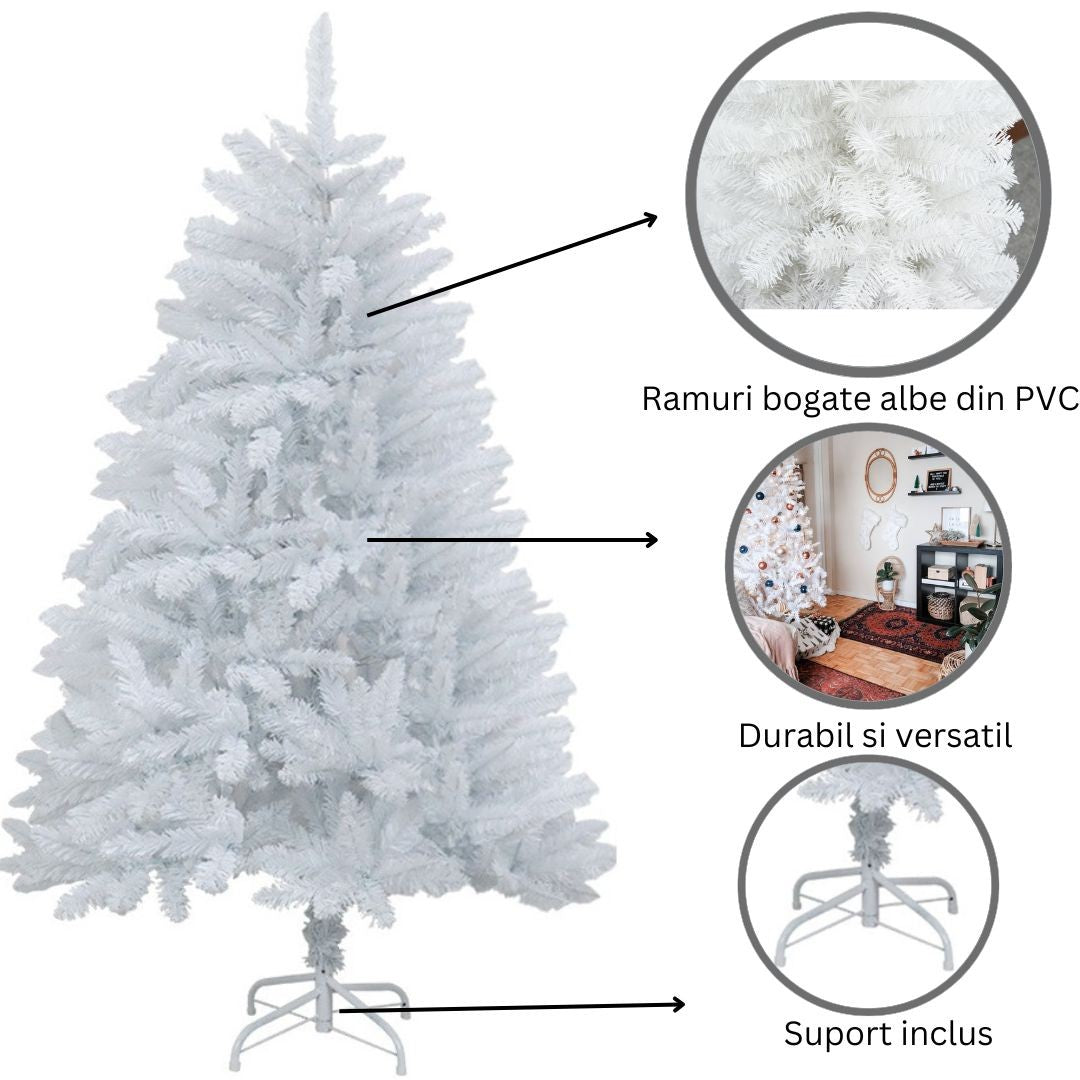 Brad de Craciun artificial cu suport inclus Vivimall, 120 cm, 240 ramuri/varfuri, material plastic, suport clasic, fara iluminare, utilizat pentru interior/exterior, alb - vivimall.ro