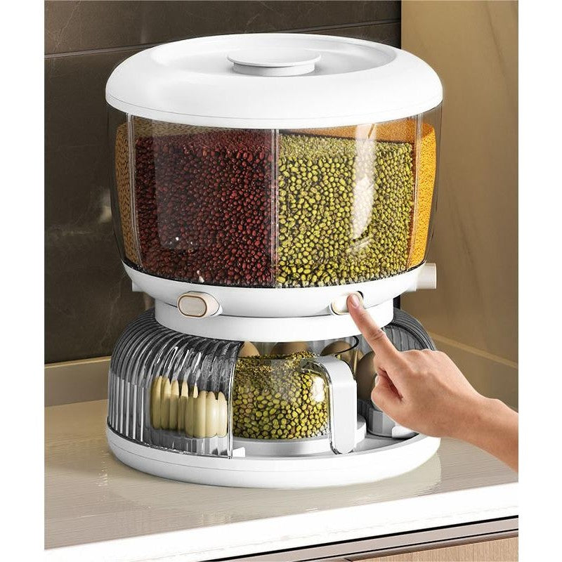 Dozator etajat de cereale Vivimall, rotativ 360, 6 compartimente, capacitate 10L, cofrag special pentru oua, vas pentru scurgerea cerealelor, 35x27.5 cm, alb - vivimall.ro