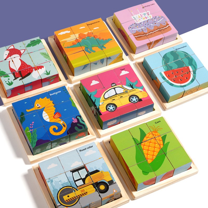 Puzzle din Lemn, Vivimall, 9 Cuburi, 6 Fete, 4-6 Ani, 11 x 11 x 3.2 cm, Model Fructe, Multicolor - vivimall.ro
