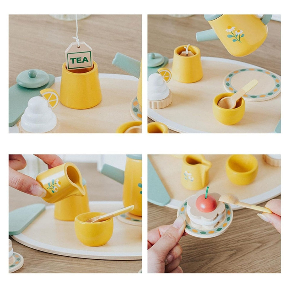 Jucarie Educativa Montessori din Lemn, Flippy, Set de Joaca Interactiv, Model Royal Tea cu Margarete si Prajituri, Dezvolta Motricitatea si Abilitatile Sociale, 3ani+, Multicolor - vivimall.ro