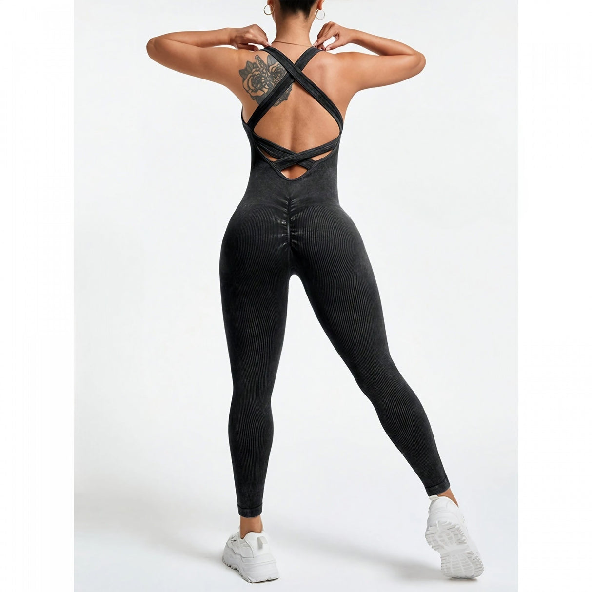 Detaliu material elastic nailon-spandex costum yoga damă Vivimall One Piece negru, textură fină