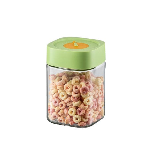 Üveg élelmiszeres befőttesüveg vákuumos tetővel, 1000 ml, hermetikus zárás bármilyen termékhez, négyzet alakú kialakítás, A, zöld tetővel