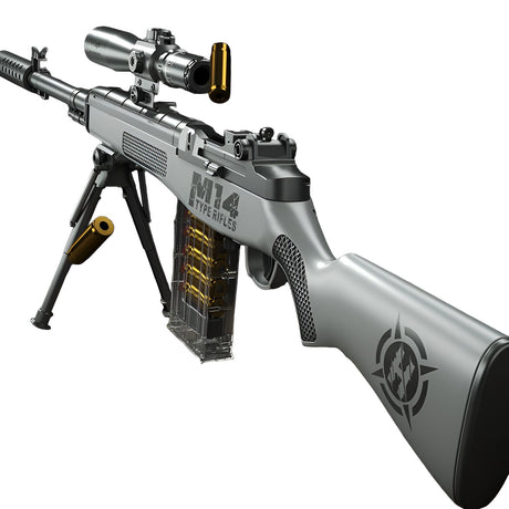 Pusca de Jucarie M14 Ultrarealista, Vivimall, Manuala, cu Luneta, 20 de Proiectile din Spuma Moale, 5 Cartuse, 100 cm, 8 ani+, Gri - vivimall.ro