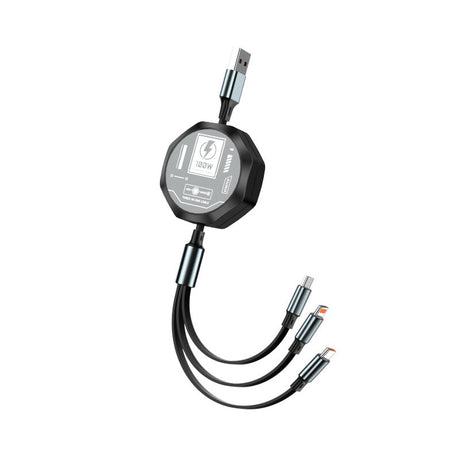 Cablu Retractabil 3in 1 pentru Telefon, Flippy, Cablu de incarcare rapida 100W, stil Mecha, potrivit pentru Auto, Universal 1.2M, Negru - vivimall.ro