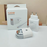 Adaptor priză europeană 120W Fast Charge cu port USB-A, design compact alb, detaliu conector