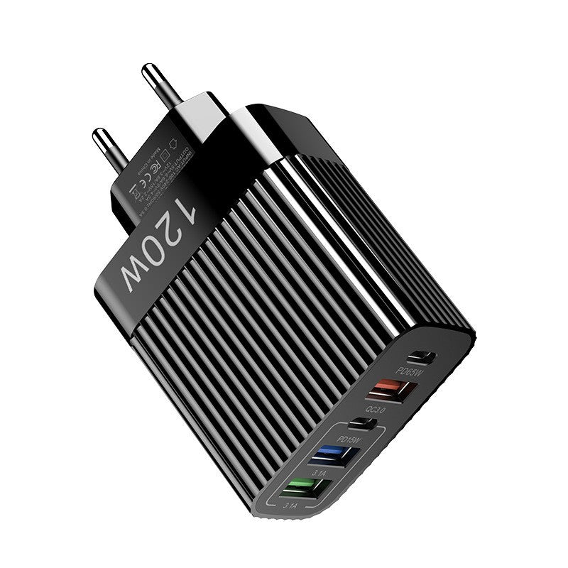Încărcător rețea fast charging 120W cu 5 porturi USB-A și Type-C, culoare neagră, vedere frontală