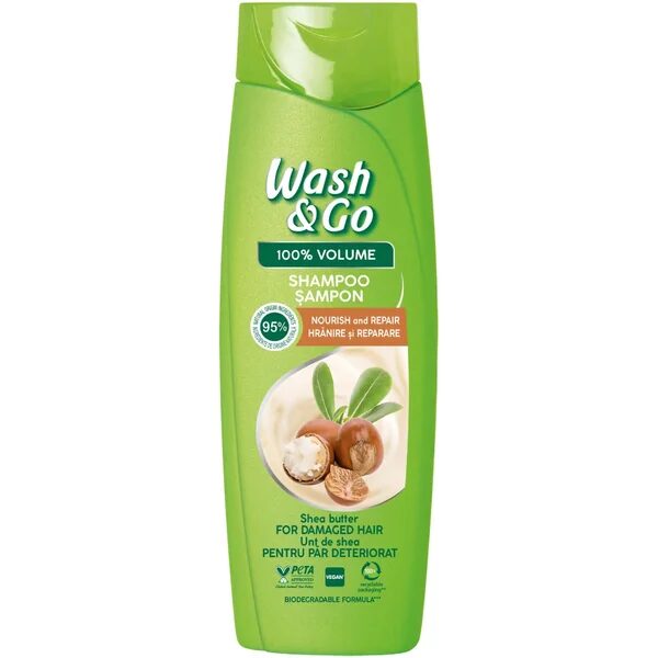 Șampon Wash&Go cu unt de shea pentru păr deteriorat, 360 ml - Hidratare profundă