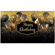 Fundal studio foto din pânză poliester negru auriu 185x110 cm, vedere frontală completă, design Happy Birthday